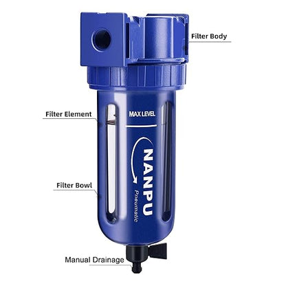 NANPU 1/2" NPT Compressed Air Filter, Zinc Alloy, 5 Micron Brass Element - Image 2