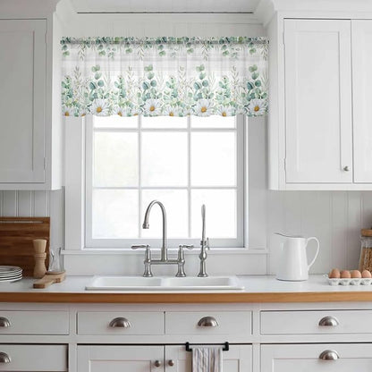 Eucalyptus Leaves Daisy Sheer Valance Curtains, Summer Farmhouses Gray Plaid - Image 2