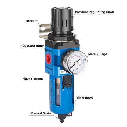 NANPU 1/2" NPT Compressed Air Filter Regulator Combo Piggyback, 5 Micron Brass - Image 3