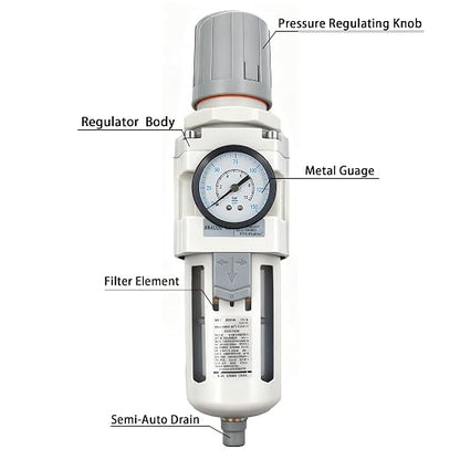 XingNEeng 1/2" NPT Compressed Air Filter Regulator Combo Piggyback, Water/Oil - Image 2