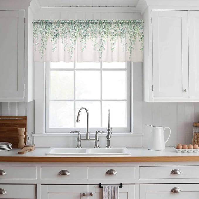 Green Leaf Sheer Valance Curtains, Eucalyptus Leaves Vintage Linen Texture - Image 2