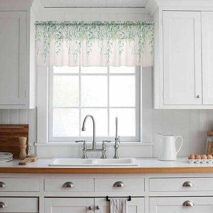 Green Leaf Sheer Valance Curtains, Eucalyptus Leaves Vintage Linen Texture - Image 2