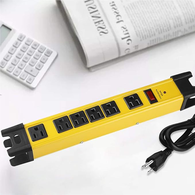 Heavy Duty Power Strip Surge Protector - 6 Outlet Industrial Strip with 15A, 25 FT Cord, 1200 Joules - ETL Listed Yellow Metal for Shop, Workshop, Garden