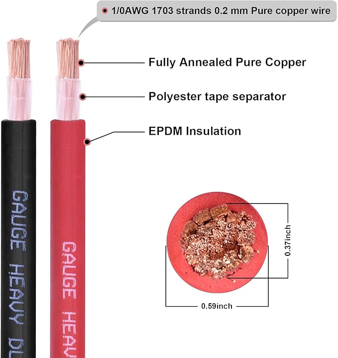 Shirbly 1/0 Gauge Battery Cable, 10FT Red + 10FT Black 1/0 AWG Pure Copper Wire Welding Cable, for Automotive, Battery, Solar and Generator, Standard USA OFC Wire