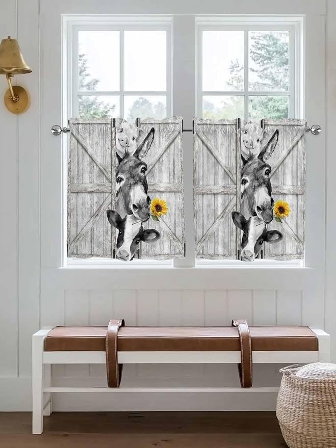 Grey Farmhouse Half Window Curtain 36 Inches Long, Vintage Sunflowers Animals - Image 4
