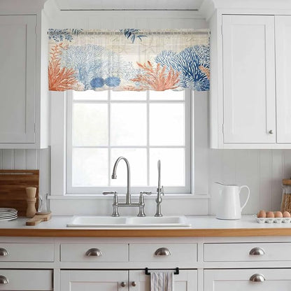 Ocean Corals Sheer Valance Curtains, Summer Beach Coral Sea Stars Retro Texture - Image 2