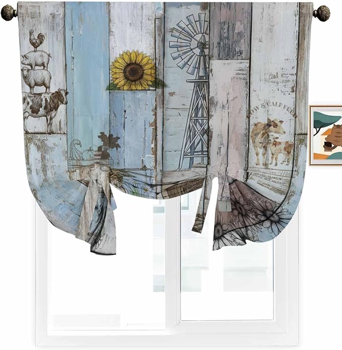 Tie Up Curtains for Windows, Farmhouse Barn Sunflowers Retro Thermal Insulated - Image 2
