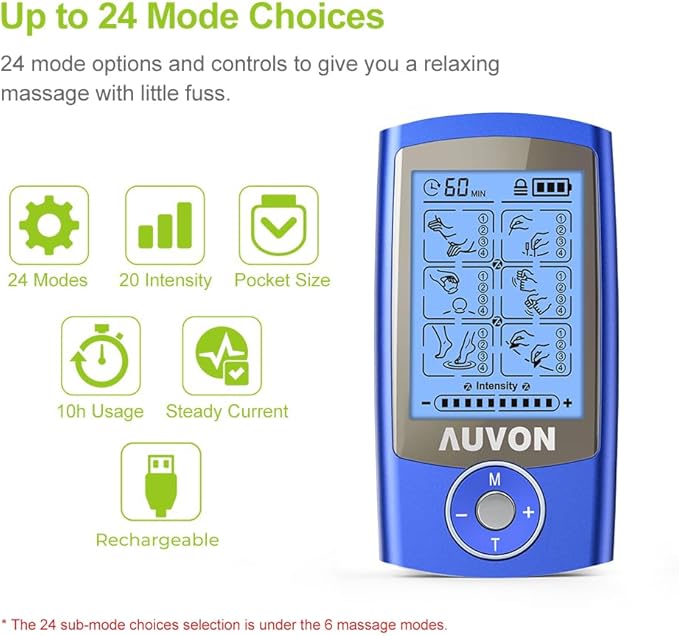 AUVON Rechargeable TENS Unit Muscle Stimulator, 24 Modes 4th Gen TENS Machine with 8pcs 2"x2" Premium Electrode Pads for Pain Relief