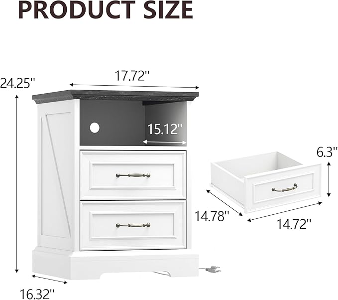 Nightstand with Charging Station Set of 2,18" Wide End Table with 2 Drawers & Metal Handles,Rustic Farmhouse Wood Small Dresser,Bedside Table,Modern Chest of Drawers for Bedroom,Living Room, Off White