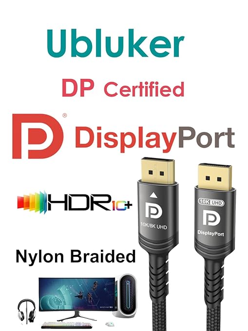 Ubluker 10K 8K DisplayPort 2.1 Cable 54Gbps 10 FT, Certified DP to DP Cord 4K 240Hz 165Hz 144Hz 120Hz 10K 8K 120Hz Nylon Braided UHBR HDCP2.3 FreeSync G-Sync RTX5090 Gaming Monitor PC Projector