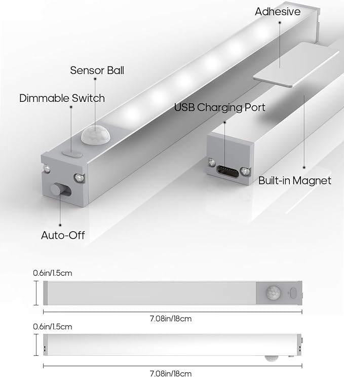 Goodea 6 Pack Led Under Cabinet Lights Wireless with Charging Station, 7’’ Rechargeable Motion Sensor Light Indoor, Dimmable Closet Lights for Cabinets, Bookshelf, Stair, Hallway