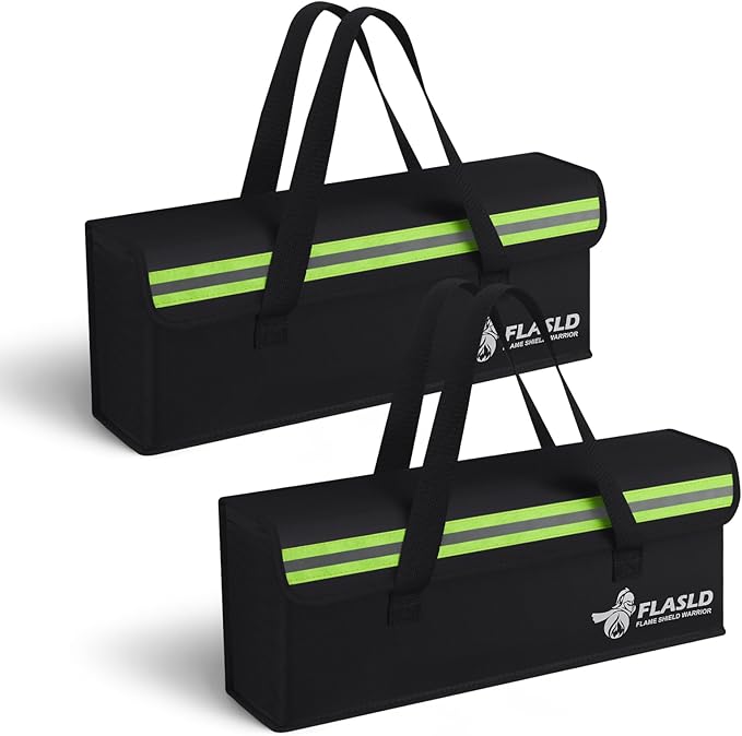 FLASLD 2-Pack Lipo Fireproof Bag Ebike Accessories Battery Charging Case Charge Explosionproof Bag Large Capacity Lipo Battery Storage Guard Safe Box (19.3 x 4.3 x 7in), Black