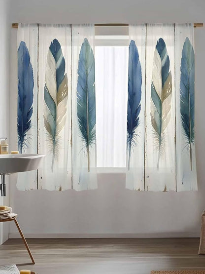 Sheer Curtains 63 Inch Length, Boho Blue Feathers Semi Sheer Curtains Light - Image 5