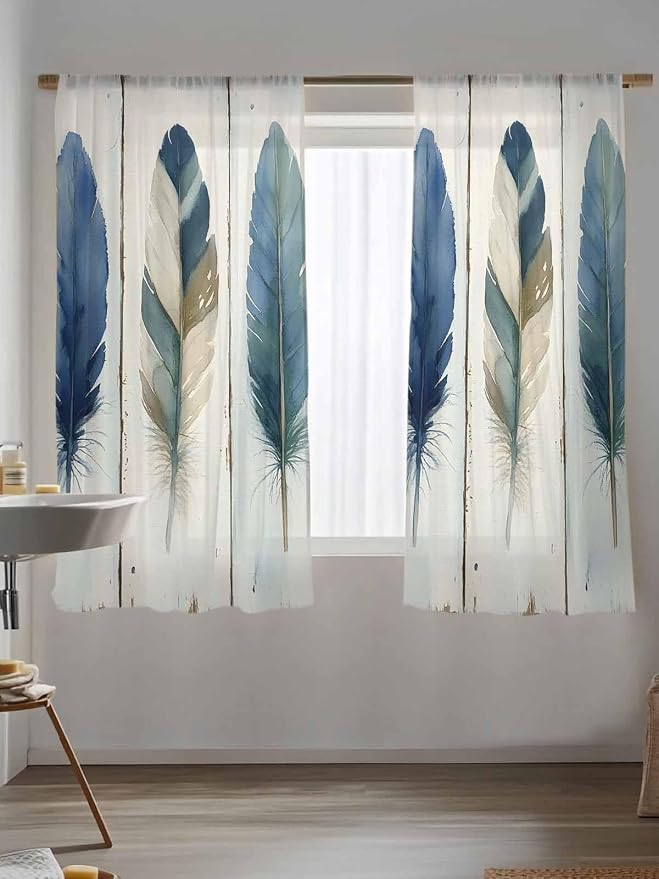 Sheer Curtains 72 Inches Long, Boho Blue Feathers Semi Sheer Curtains Light - Image 5