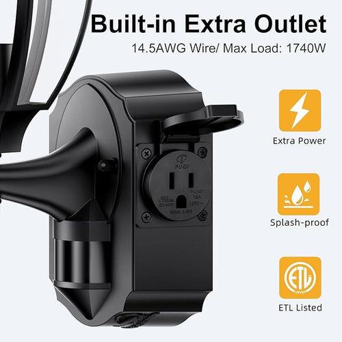 2 Pack Porch Lights Outdoor with Outlet, Motion Sensor Outdoor Wall Lights, Updated Dusk to Dawn Exterior Lighting Fixtures Waterproof Anti-Rust Aluminum Outside for House Entryway Garage, Black