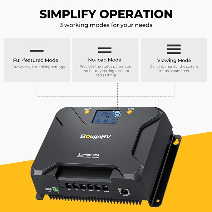 BougeRV MPPT Solar Charge Controller 40A, w/ Low-Temp Cut-Off, APP Control, Backlit LCD, 40 Amp Solar Panel Regulator 12V/24V for LiFePO4, SLD, Gel, FLD, AGM Battery, RV, Marine, Upgraded