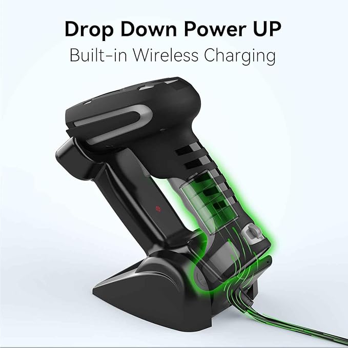 Alacrity Upgraded 1D Laser Industrial Barcode Scanner with Wireless Charging Stand, Bluetooth & 1968 Feet Transmission Distance 433Mhz Wireless 2in1 Barcode Reader, Shock Dust Proof Hands Free, Grey