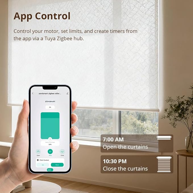 Blindsmart Rechargeable Tuya Zigbee Roller Blinds Motor for 38mm Tube, Motorized Window Shades Automatic Blinds Curtain Opener APP Control, Zigbee Hub Required (with 1-Channel Remote + Solar Pannel)