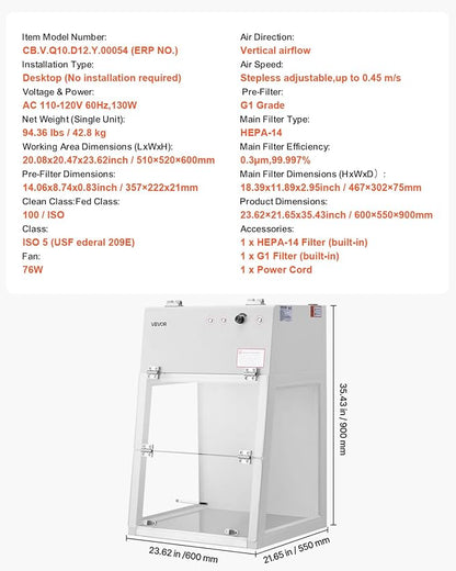 VEVOR Laminar Flow Hood, 20.08 x 20.47 x 23.62 inch Working Area Portable Clean - Image 7