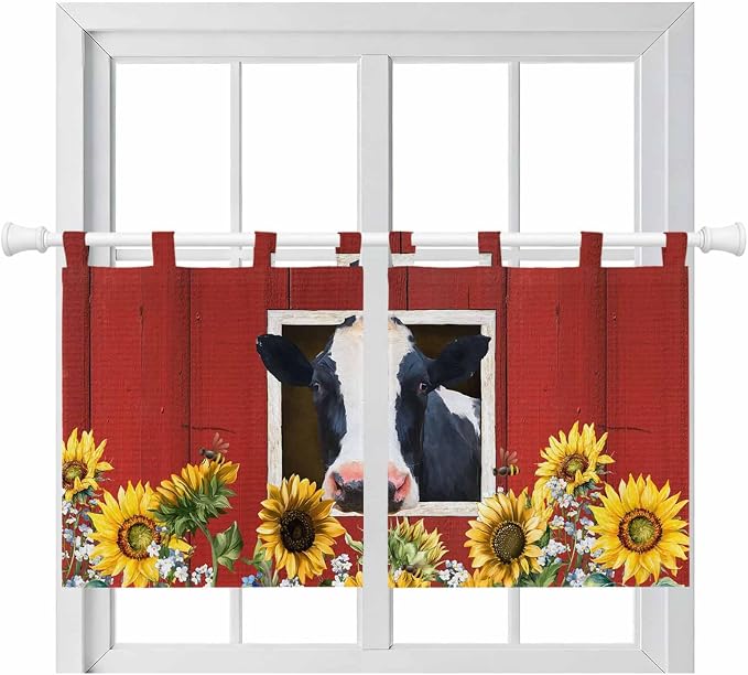 Cow Sunflowers Kitchen Curtains 24 Inch Length, Small Window Curtains Tab Top by Unknown