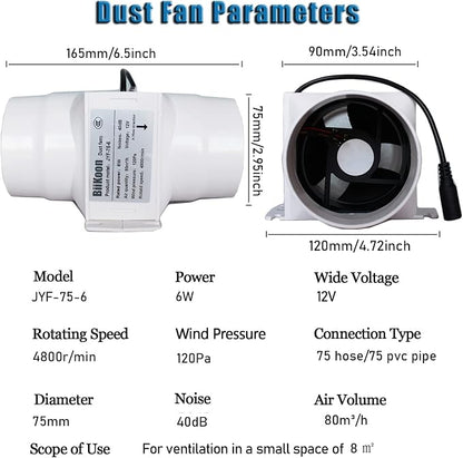 3 Inch Duct Fan Variable Inline Exhaust Blower 12V Extractor Fan 47Cfm Powerful - Image 2