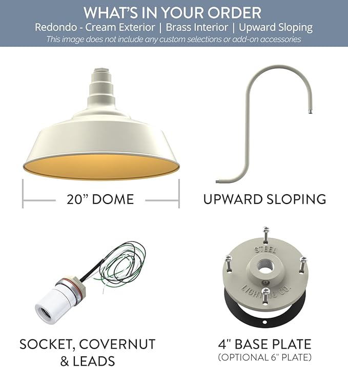 Steel Lighting Co. Large Outdoor Barn Light | Gooseneck Light Fixture | Made in America from 18-Gauge Steel | 20" Dome | Upward Sloping Gooseneck Cream Exterior/Brass Interior