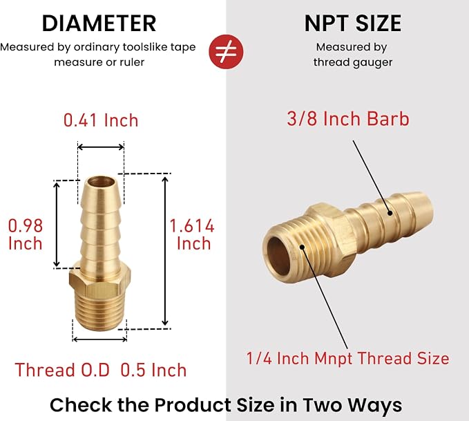 3/8 Inch Hose Barb to 1/4 Inch NPT Male Thread Brass Air Hose Barb Fittings - Image 2