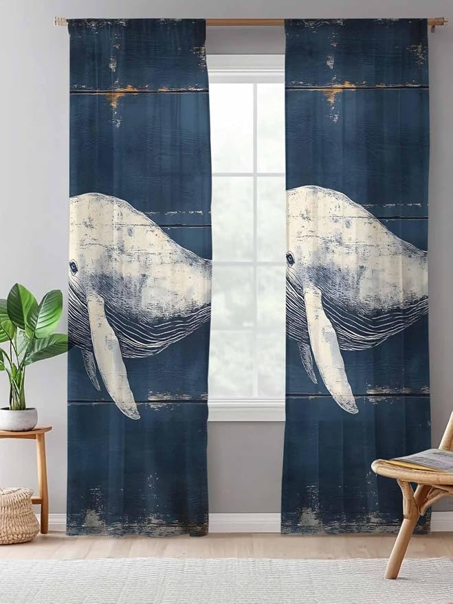 Sheer Curtains 84 Inches Long, Ocean Vintage Whale Semi Sheer Curtains Light - Image 5