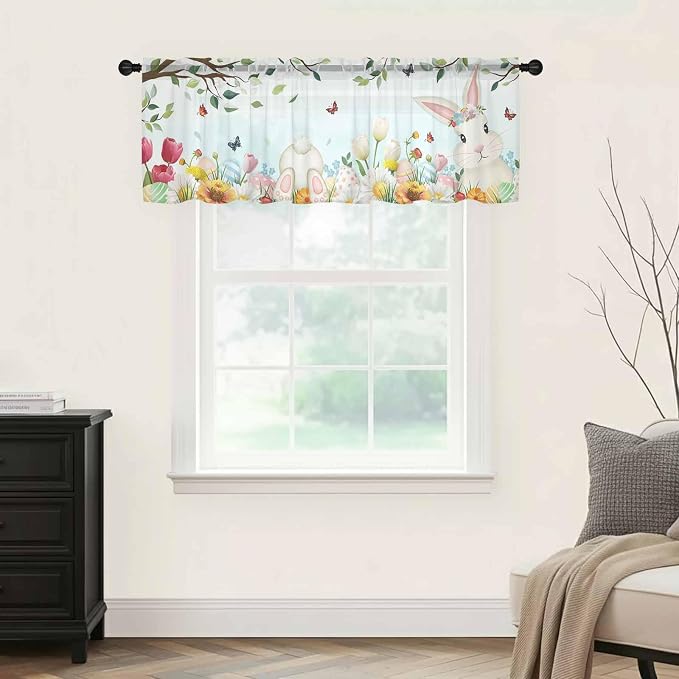 Easter Sheer Valances for Windows 54"x18", Light Filtering Kitchen Curtains - Image 9