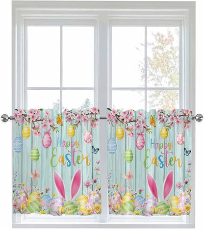 Happy Easter Half Window Curtains 24 Inches Long, Spring Bunny Eggs Flower Teal by Unknown