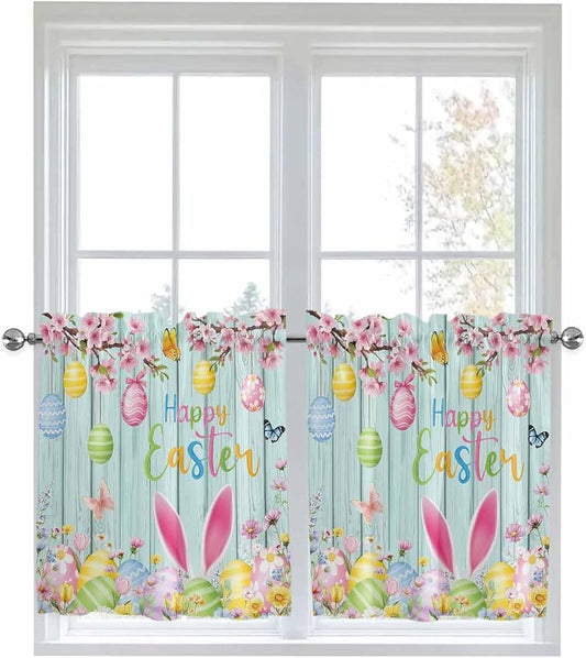 Happy Easter Half Window Curtain 36 Inches Long, Spring Bunny Eggs Flower Teal by Unknown