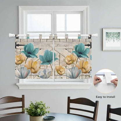 Watercolor Flowers Kitchen Curtains 36 Inch Length, Small Window Curtains Tab - Image 4