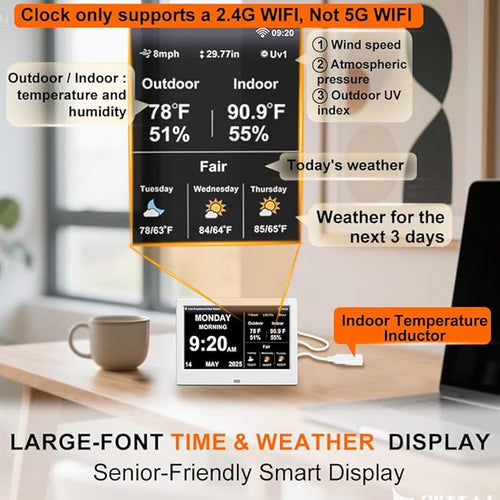 2025 Digital Clock with Weather Forecast & Temperature/Humidity Large Display,Auto Time Sync, Custom Alarms & Medication Reminders, Elderly Memory Loss (White, 7 Inch)