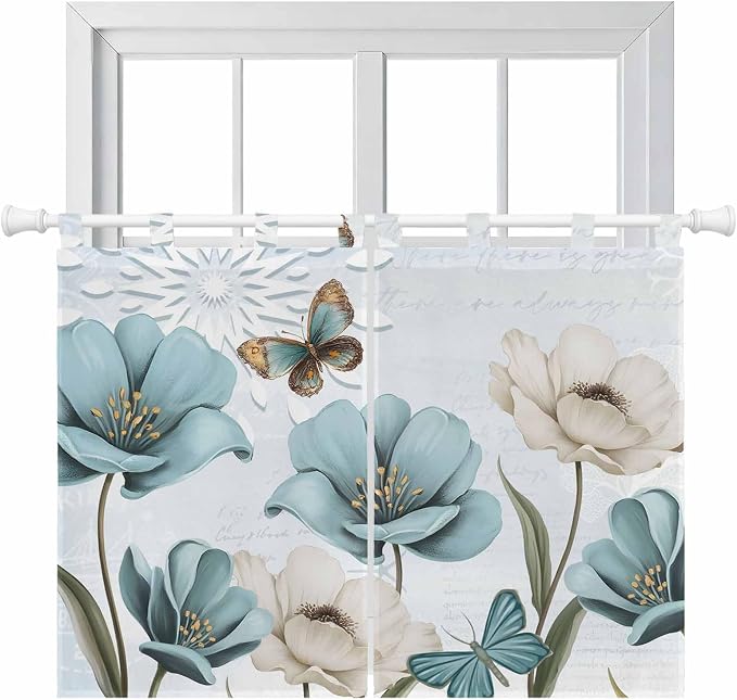 Blue Tulips Bedroom Curtains 63 Inch Length, Window Curtains Tab Top, by Unknown