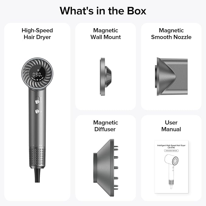 Hair Dryer, 150000 RPM Brushless Motor with 500M Negative Ions, Fast-Dry Lightweight Design, ThermoControl & Magnetic Nozzle/Diffuser, Low Noise Salon Blow Dryer for All Hair, Travel, Home