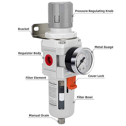 NANPU 1/2" NPT Compressed Air Filter Regulator Combo Piggyback, 5 Micron Brass - Image 2