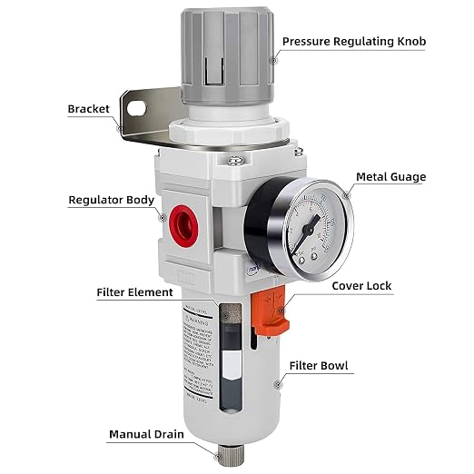 NANPU 3/8" NPT Compressed Air Filter Regulator Combo Piggyback, Semi-Auto Drain - Image 2