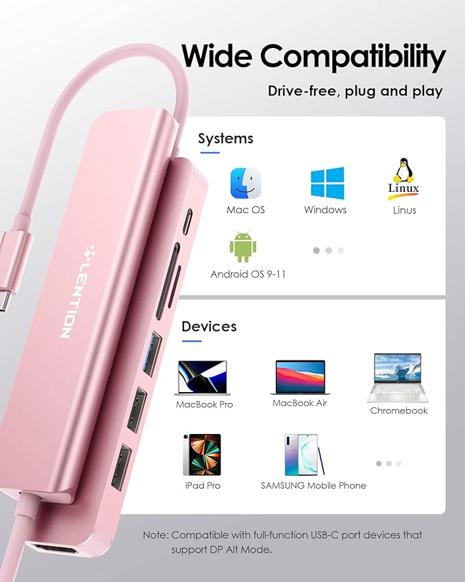 LENTION USB C Hub with 100W Charging, 4K HDMI, Dual Card Reader, USB 3.0 & 2.0 Compatible MacBook Pro, New Mac Air/Surface, Chromebook, More, Stable Driver Adapter (CB-CE18, Rose Gold)
