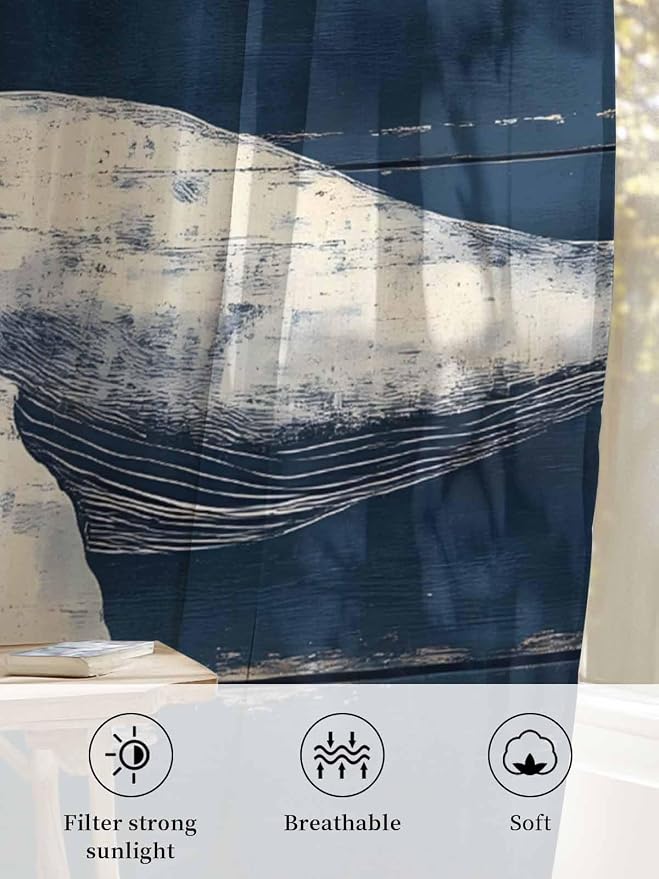 Sheer Curtains 72 Inches Long, Ocean Vintage Whale Semi Sheer Curtains Light - Image 6