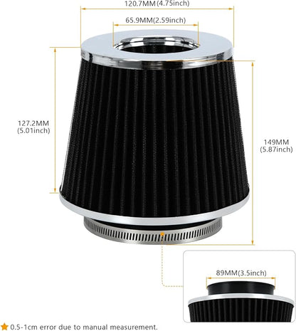 PTNHZ Universal Black 3.5" 89mm High Flow Cold Air Intake Cone Air Filter Power - Image 4