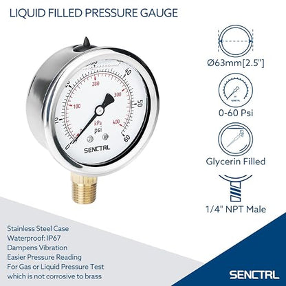 SENCTRL 60 Psi Glycerin Liquid Filled Low Pressure Gauge, 2.5" Dial Size - Image 2