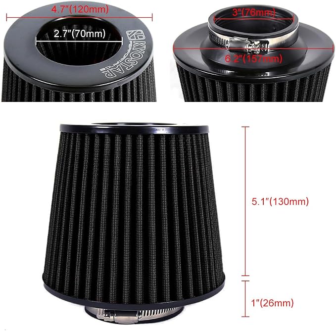 KYOSTAR Universal 3" High-Flow Air Filter, Reusable Cone Cold Air Intake - Image 2