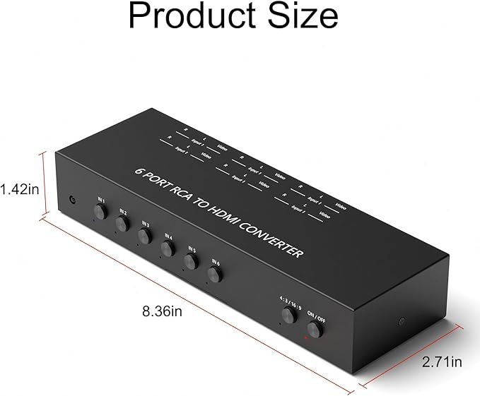 Arector 6 Port RCA to HDMI, 1080P/720P 6 Way AV to HDMI Converter Composite CVBS AV Switch to HDMI Converter Adapter Support 4:3/16:9 Switching, for Sega Xbox PS2 PS3 N64 NGC SNES WII VHS VCR Camera