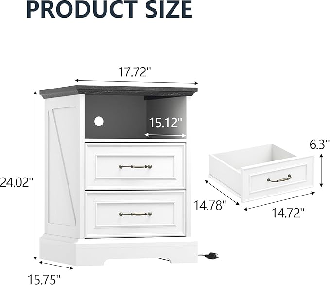 Nightstand with Charging Station,18" Wide End Table with 2 Large Drawers & Metal Handles,Rustic Farmhouse Wood Small Dresser,Bedside Table,Modern Chest of Drawers for Bedroom,Living Room,Off White