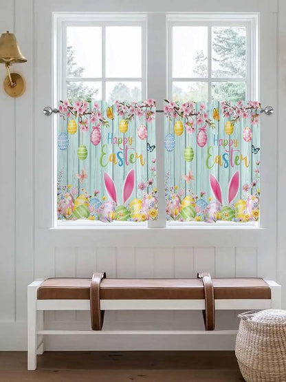 Happy Easter Half Window Curtains 24 Inches Long, Spring Bunny Eggs Flower Teal - Image 4
