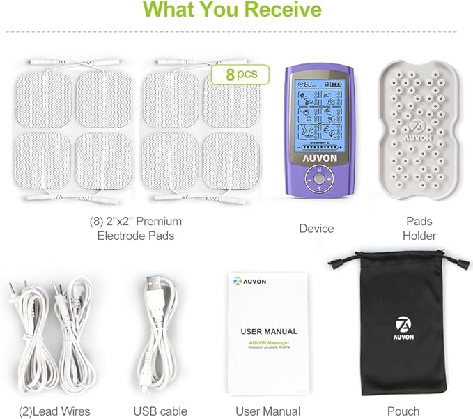 AUVON Rechargeable TENS Unit Muscle Stimulator, 24 Modes 4th Gen TENS Machine with 8pcs 2"x2" Premium Electrode Pads for Pain Relief