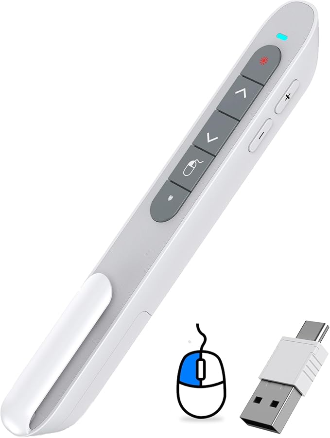DinoFire Wireless Presentation Remote with Air Mouse White, RF 2.4GZ Rechargeable USB C Slide Clicker for Powerpoint Presentations for Laptop/Computer/MAC