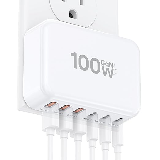 Fast Charger Block, GaN 6 Port USB C Charging Station Hub Cube, 100W Multiport Type C Wall Charger Power Strip Plug with PD 3.0+QC for iPhone13 14 15 16 17 Pro Max XR XS 8 7, Samsung, iPad, Table