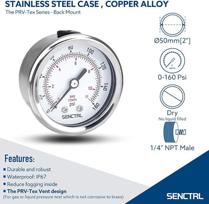 SENCTRL 0-160 Psi Pressure Gauge, 1/4 NPT Back Mount, Waterproof, Stainless - Image 2