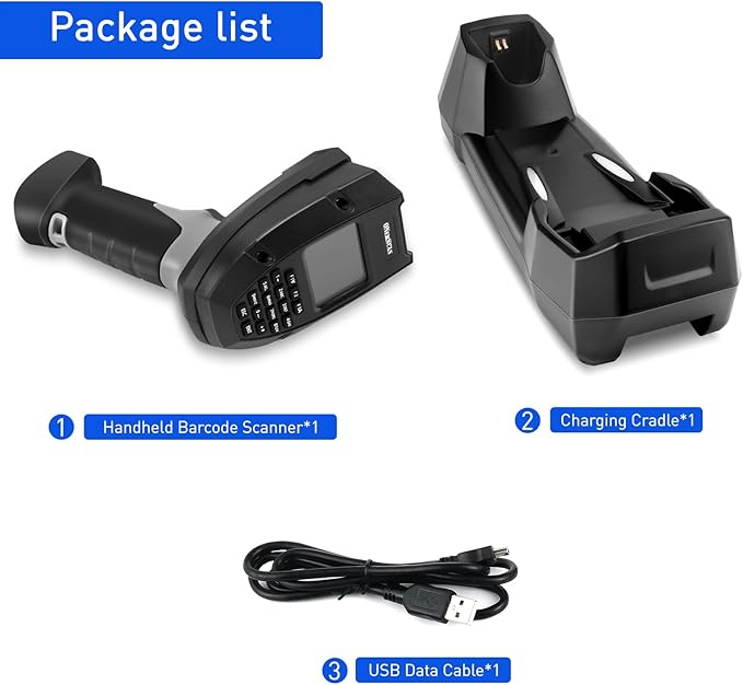 1D 2D Wireless Barcode Scanner, Onewscan Portable Inventory Scanner with Charging Base Data Collector Barcode Reader Data Terminal 2.4G Wireless & USB Connection Bar Code Scanners with 2" LCD Screen
